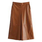 Pantaloni largi de dama la moda de culoare maro din imitatie de piele cu talie elastica si lungime 7/8