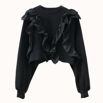 Pulover scurt subțire cu bucle în negru