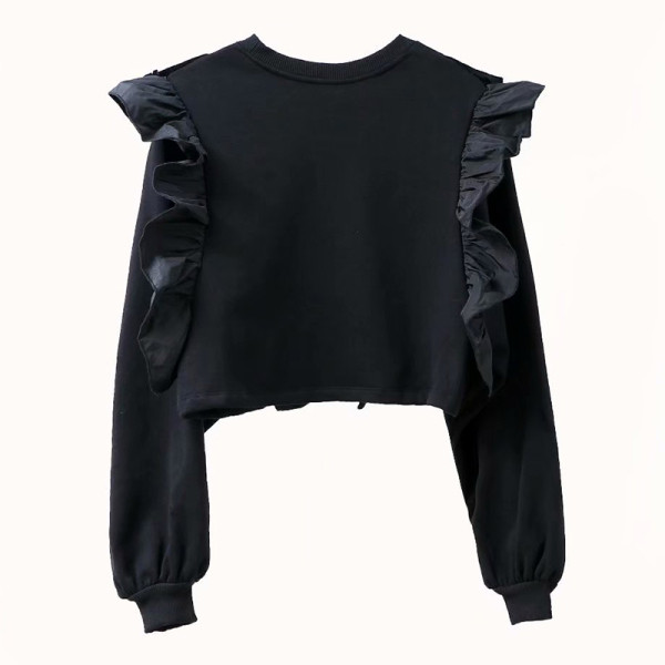 Pulover scurt subțire cu bucle în negru