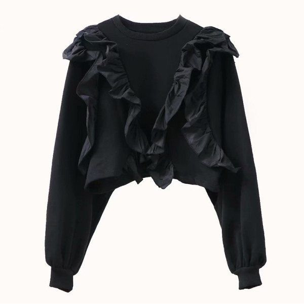 Pulover scurt subțire cu bucle în negru