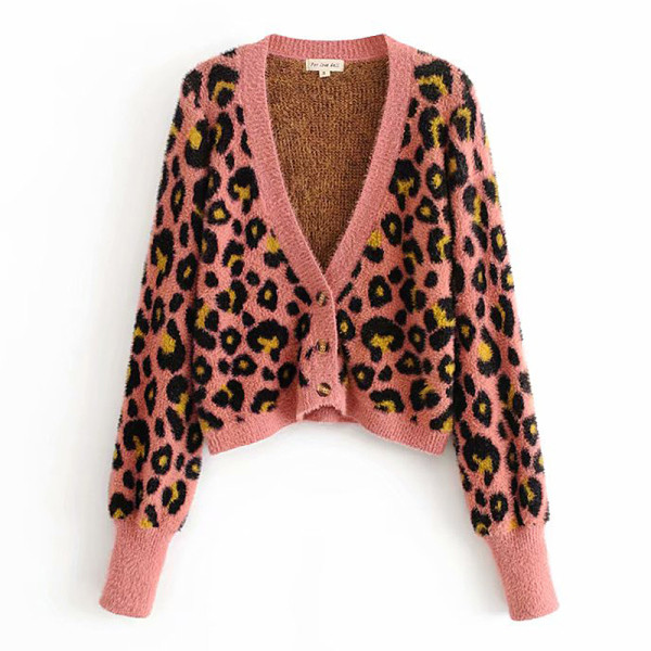 Vestă scurtă de puf cu model leopard de culoare roz cu nasturi