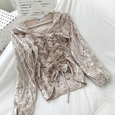 Női bársony blúz retro stílusban megkötős V-nyakkal