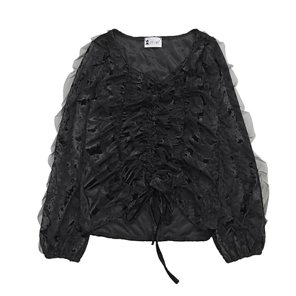 Női bársony blúz retro stílusban megkötős V-nyakkal