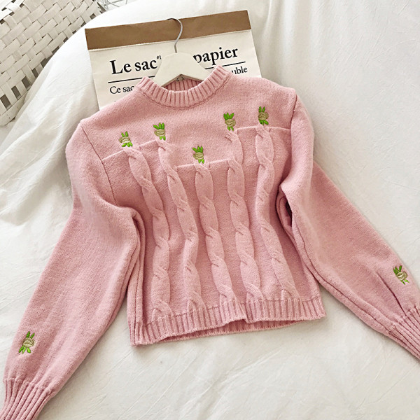 Pulover casual de dama in roz si alb cu broderie si decolteu rotund