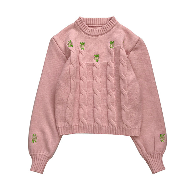 Pulover casual de dama in roz si alb cu broderie si decolteu rotund