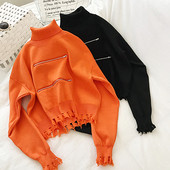 Fekete és narancssárga női pulóver cipzárral és pólógallérral