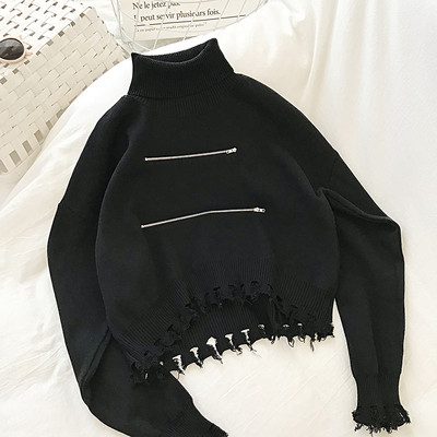 Fekete és narancssárga női pulóver cipzárral és pólógallérral