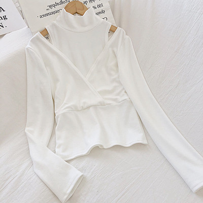 Kék, fehér, fekete és narancssárga női blúz pólógallérral és hosszú ujjú