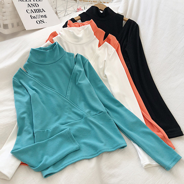 Kék, fehér, fekete és narancssárga női blúz pólógallérral és hosszú ujjú