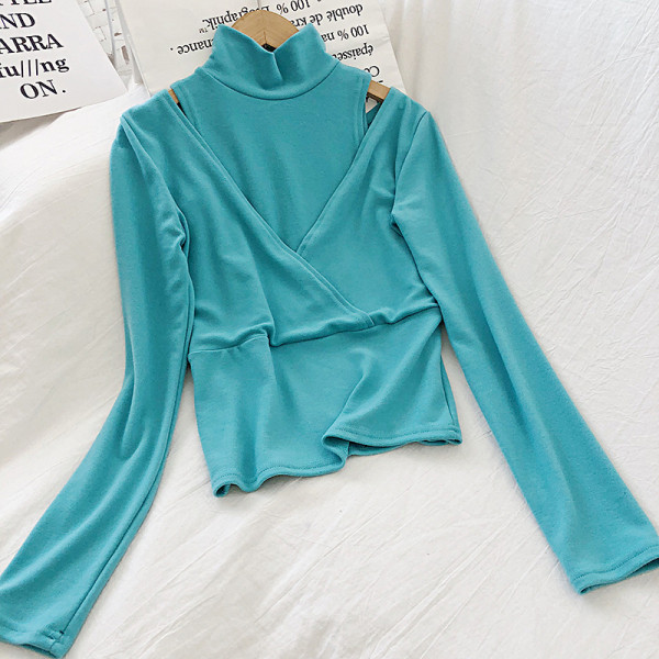 Kék, fehér, fekete és narancssárga női blúz pólógallérral és hosszú ujjú