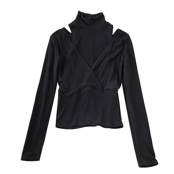 Kék, fehér, fekete és narancssárga női blúz pólógallérral és hosszú ujjú