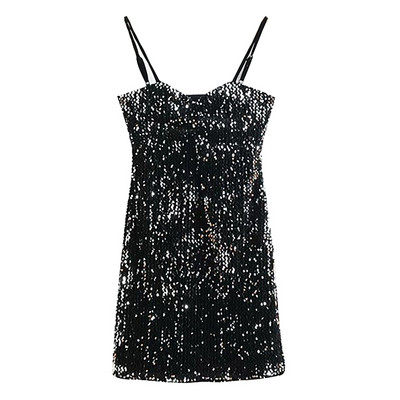 Rövid, testhezálló ruha vékony fekete pántokkal, flitterekkel