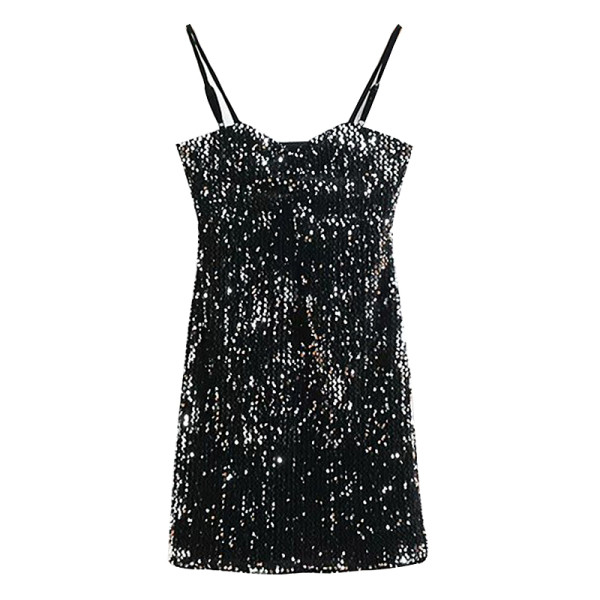 Rövid, testhezálló ruha vékony fekete pántokkal, flitterekkel