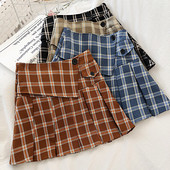 Fusta dama in carouri in patru culori cu nasturi si talie inalta