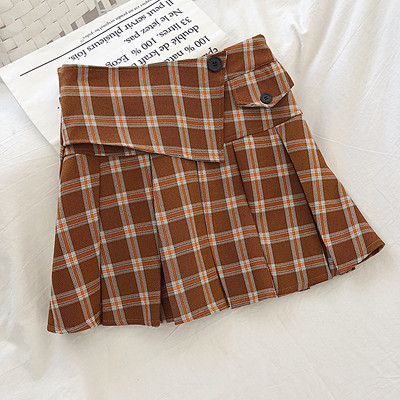 Fusta dama in carouri in patru culori cu nasturi si talie inalta