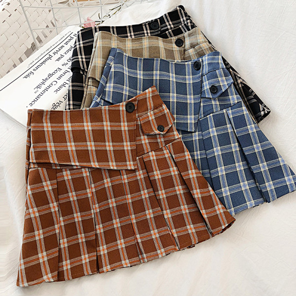 Fusta dama in carouri in patru culori cu nasturi si talie inalta