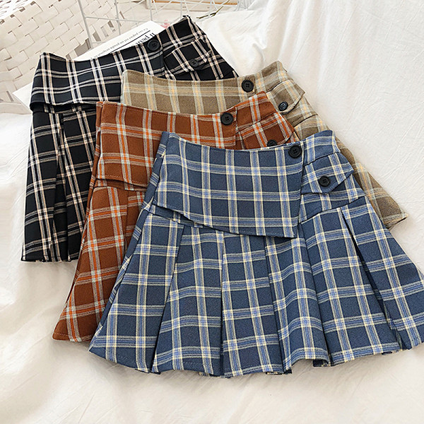 Fusta dama in carouri in patru culori cu nasturi si talie inalta