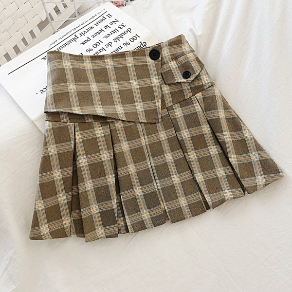 Fusta dama in carouri in patru culori cu nasturi si talie inalta