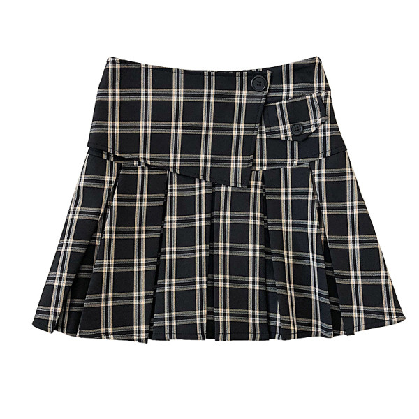 Fusta dama in carouri in patru culori cu nasturi si talie inalta
