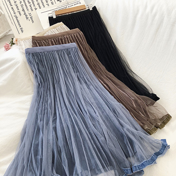 Redős női bársony szoknya négy színben, magas derékkal, tüllel