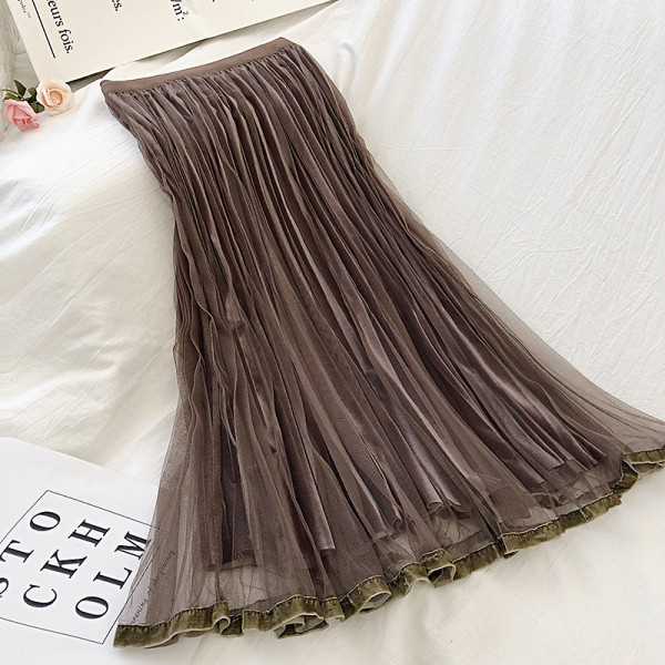 Redős női bársony szoknya négy színben, magas derékkal, tüllel