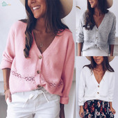 Női őszi mellény, hosszú ujjal és V-nyakkal rózsaszín, szürke és fehér színben