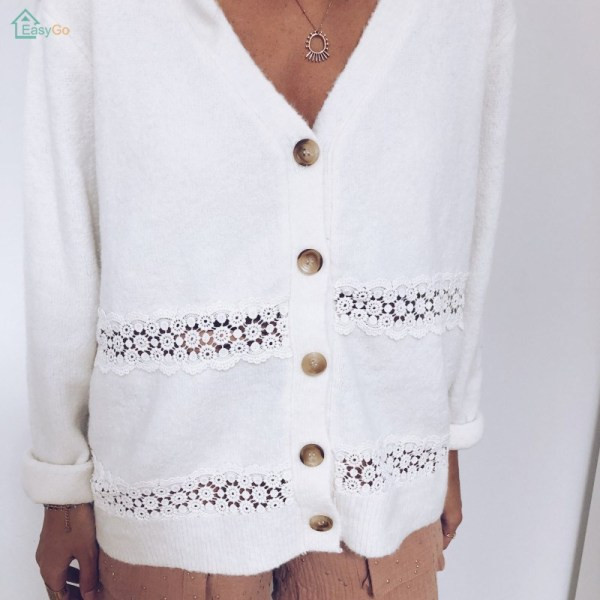 Női őszi mellény, hosszú ujjal és V-nyakkal rózsaszín, szürke és fehér színben