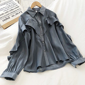 Cămașă de damă de culoare gri, bej și alb cu guler clasic și mâneci lungi