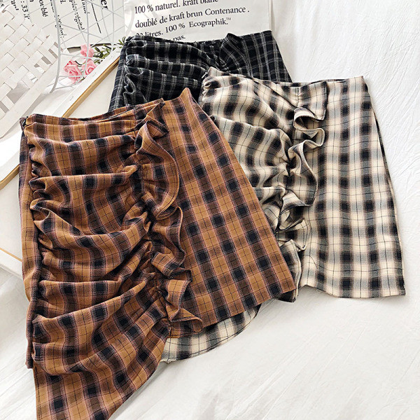 Retro stílusú női szoknya fürtökkel, magas derékkal, fekete, bézs és barna színekben