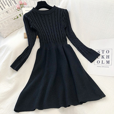 Γυναικείο, μαύρο και μπεζ μακρύ μανίκι casual φόρεμα με στρογγυλό λαιμόκοψη