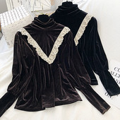 Női bársony blúz retro stílusban csipkével és magas gallérral