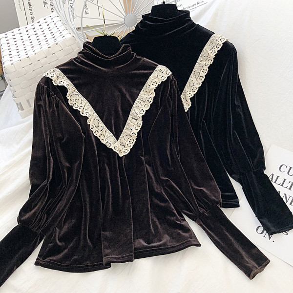 Női bársony blúz retro stílusban csipkével és magas gallérral