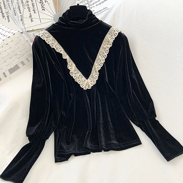 Női bársony blúz retro stílusban csipkével és magas gallérral