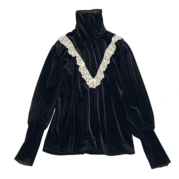 Női bársony blúz retro stílusban csipkével és magas gallérral