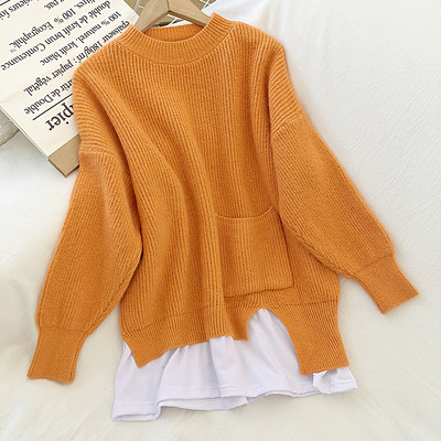 Narancssárga, sárga és kék színű női pulóver zsebbel és kerek nyakkivágással