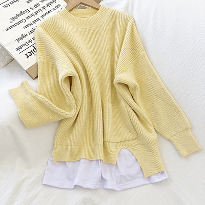 Narancssárga, sárga és kék színű női pulóver zsebbel és kerek nyakkivágással