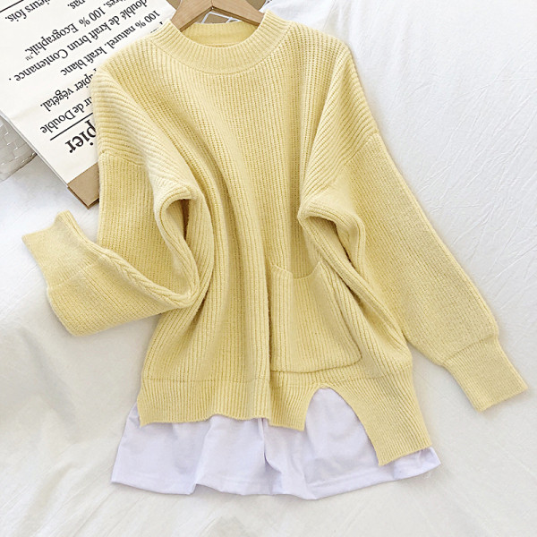 Narancssárga, sárga és kék színű női pulóver zsebbel és kerek nyakkivágással