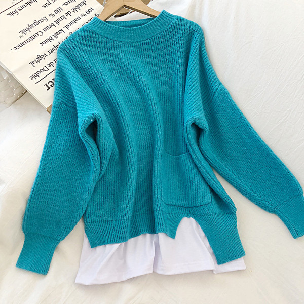 Narancssárga, sárga és kék színű női pulóver zsebbel és kerek nyakkivágással