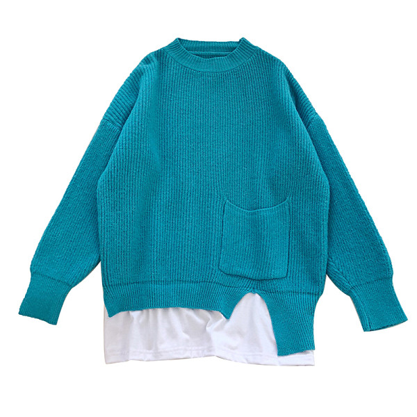 Narancssárga, sárga és kék színű női pulóver zsebbel és kerek nyakkivágással