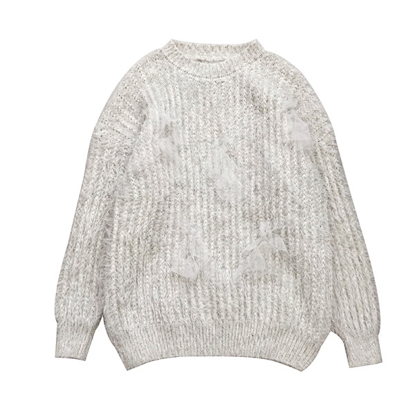 Pulover de dama modern de culoare alba cu decolteu rotund si tul