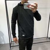 Aszimmetrikus férfi pulóver kapucnival és nyakkendővel kék, szürke, bordó és fekete színben