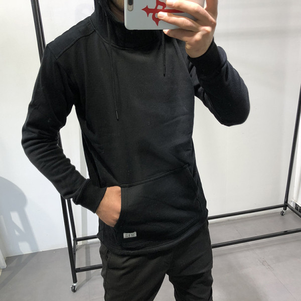 Aszimmetrikus férfi pulóver kapucnival és nyakkendővel kék, szürke, bordó és fekete színben