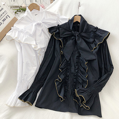 Μοντέρνο γυναικείο πουκάμισο σελευκό και μαύρο χρώμα με κορδέλα και μανίκι λωτού