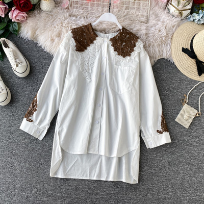 Camasa casual dama model asimetric cu guler din dantela in alb si negru