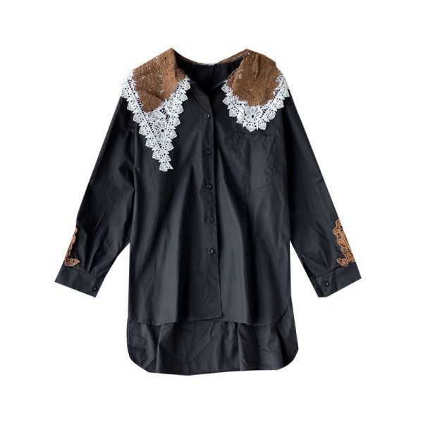 Camasa casual dama model asimetric cu guler din dantela in alb si negru