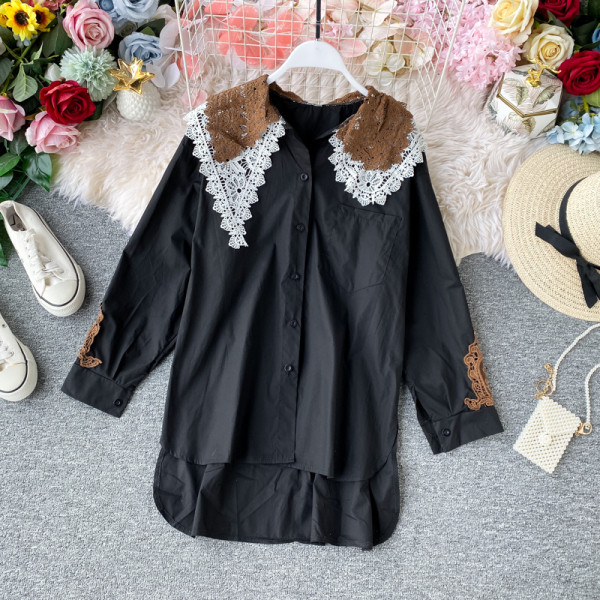 Camasa casual dama model asimetric cu guler din dantela in alb si negru