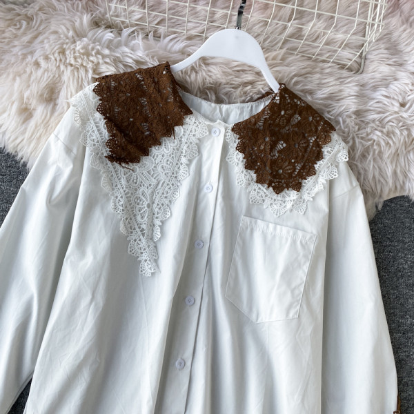 Camasa casual dama model asimetric cu guler din dantela in alb si negru