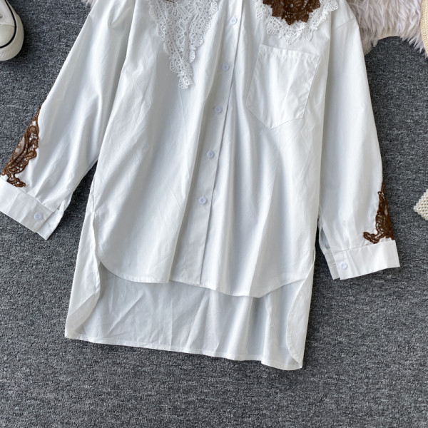 Camasa casual dama model asimetric cu guler din dantela in alb si negru