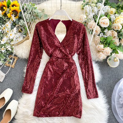 Rochie formala de dama cu paiete si decolteu in V in verde, gri si rosu