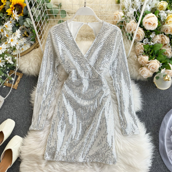 Rochie formala de dama cu paiete si decolteu in V in verde, gri si rosu